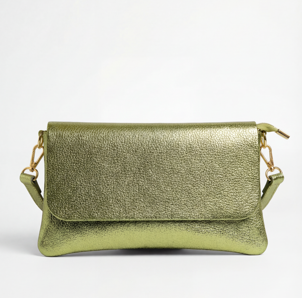 Pistachio metallic leather crossbody bag with a matching color leather strap, displayed on a light gray background.