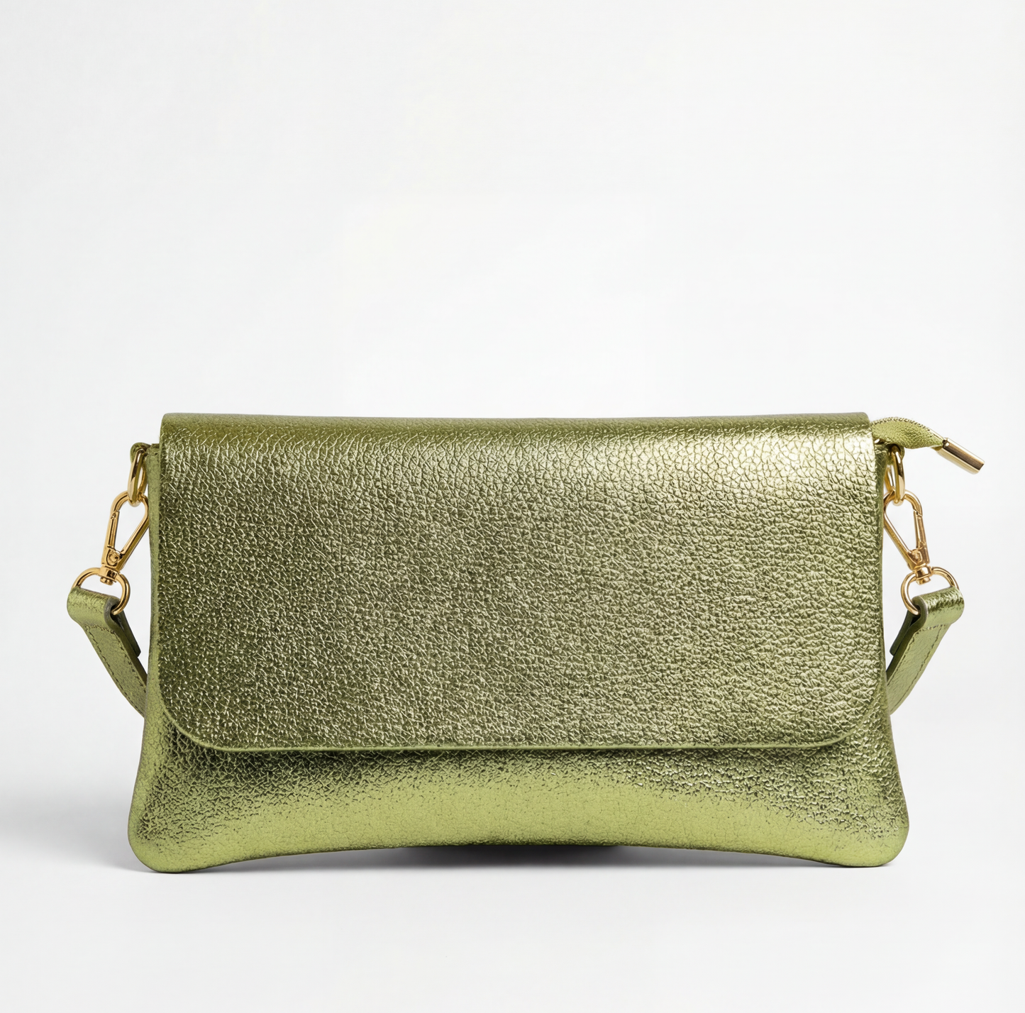 Pistachio metallic leather crossbody bag with a matching color leather strap, displayed on a light gray background.