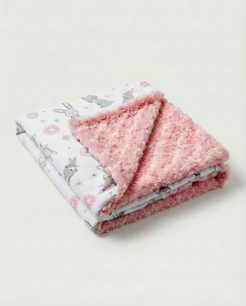 Folded pink blanket with floral and animal pattern on a light background