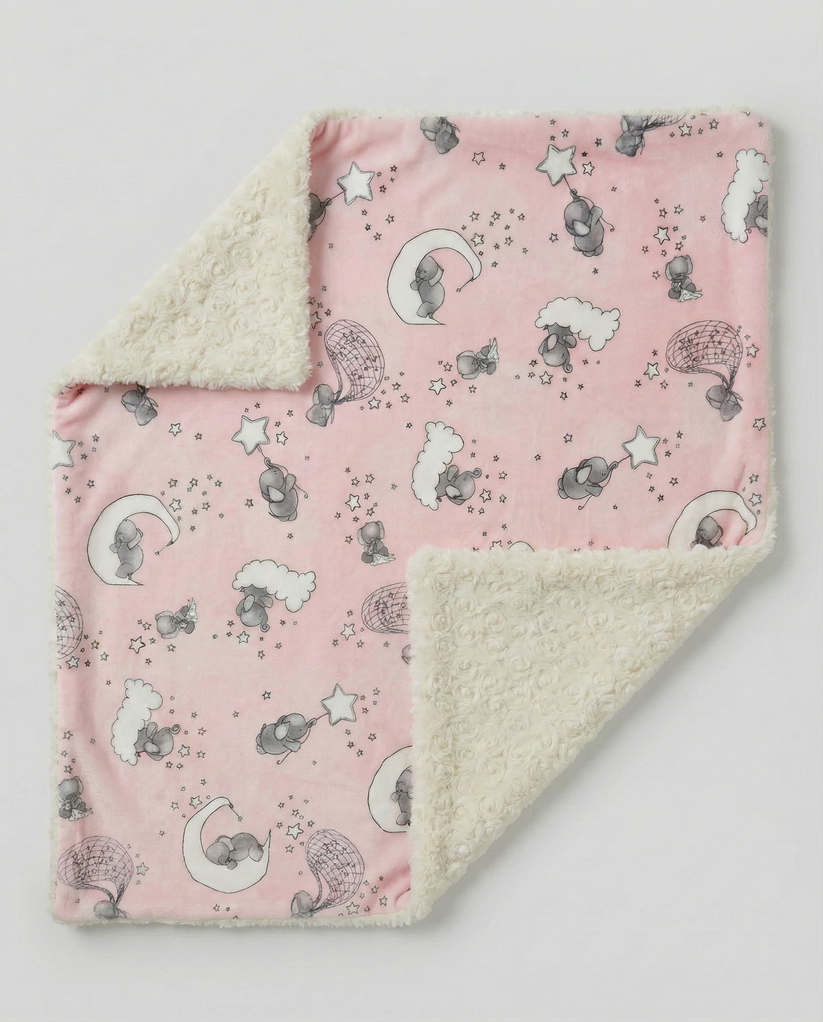 Pink baby blanket with animal pattern and white rosebud on a light gray background