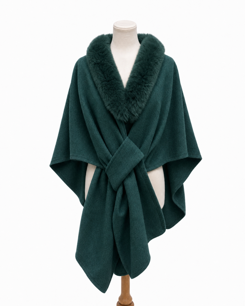 Green Bella shawl with a soft faux fur collar and cozy texture.