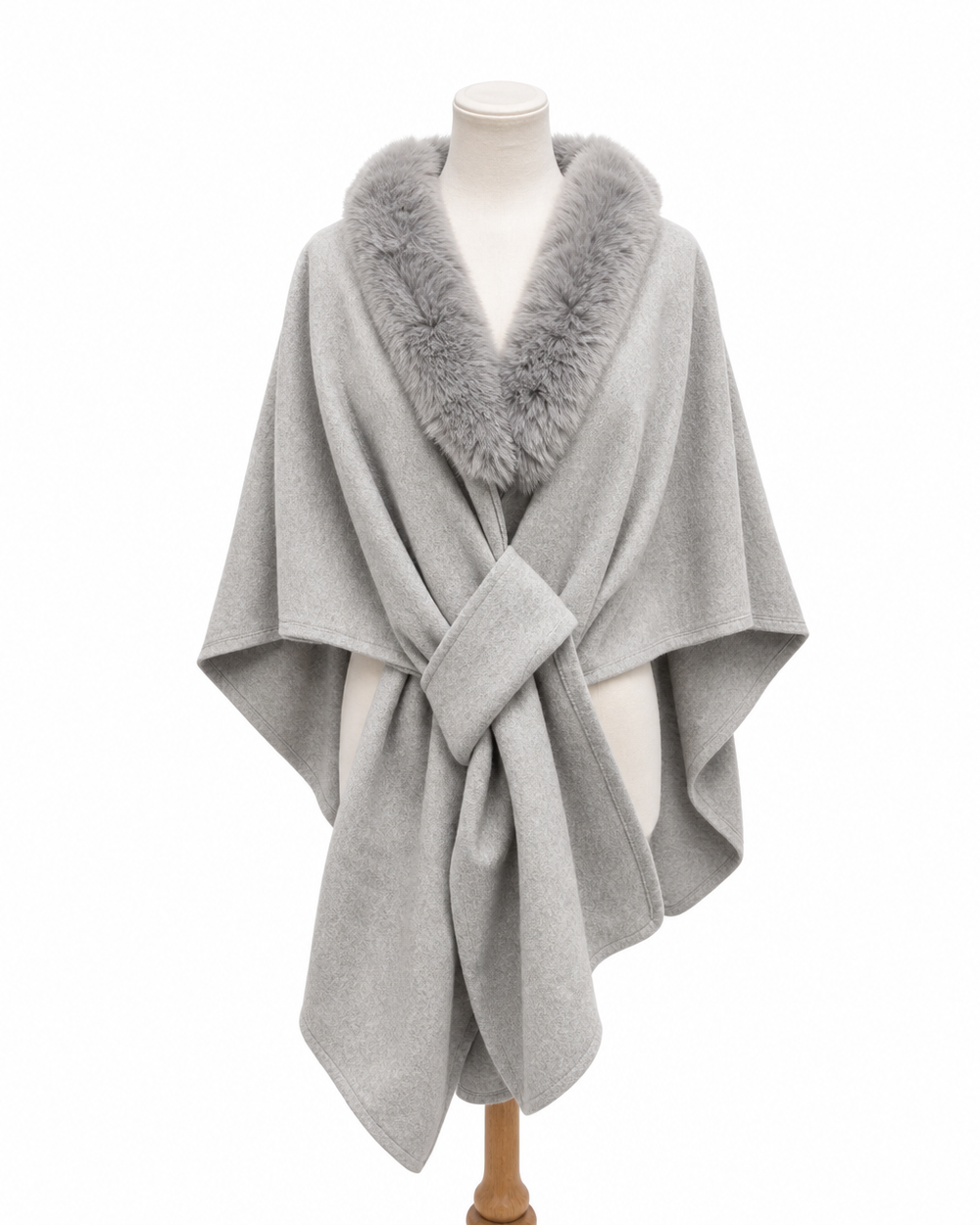 Gray Bella shawl with a soft faux fur collar and cozy texture.