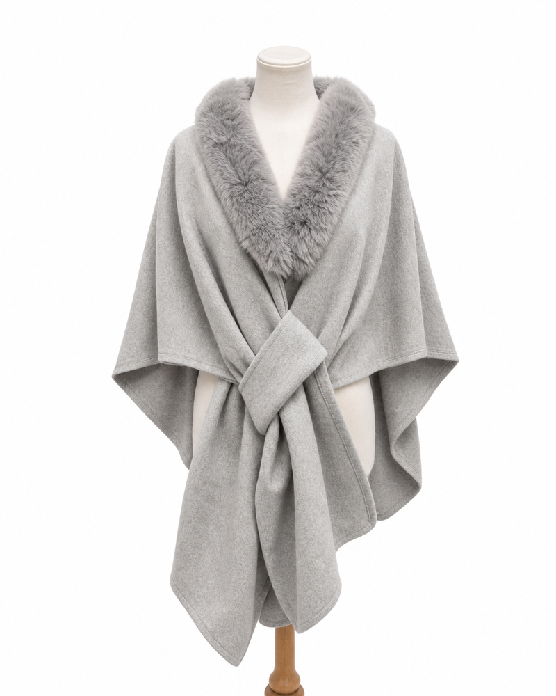 Gray Bella shawl with a soft faux fur collar and cozy texture.