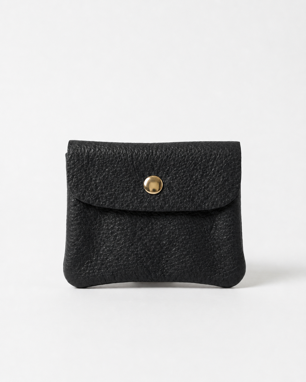 Black pebble leather mini coin wallet with snap closure, compact Italian-made design for coins and small essentials