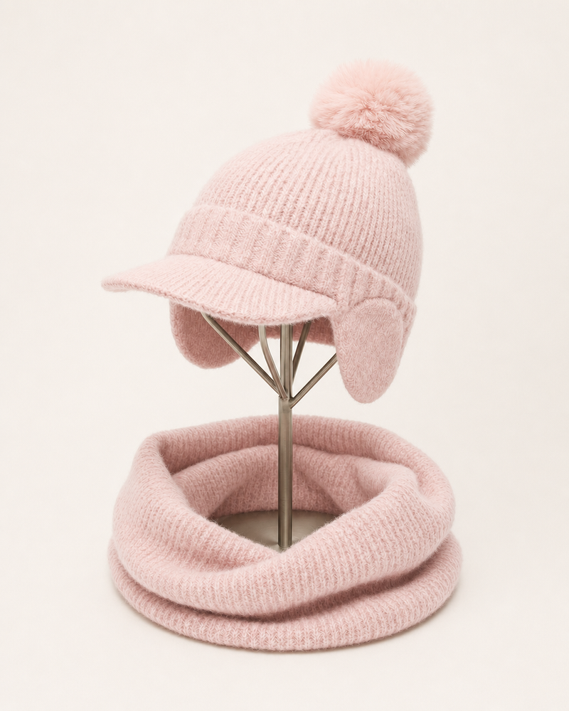 Pink knit hat and matching neck warmer set