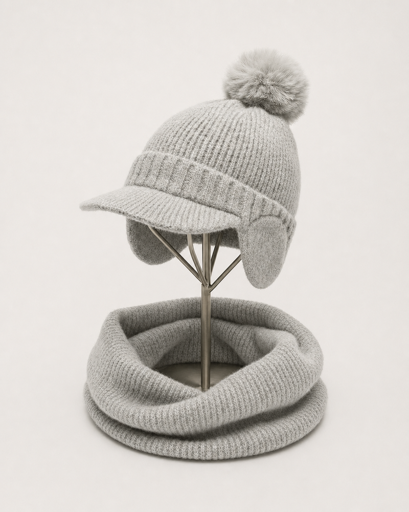 Silver knit hat and matching neck warmer set