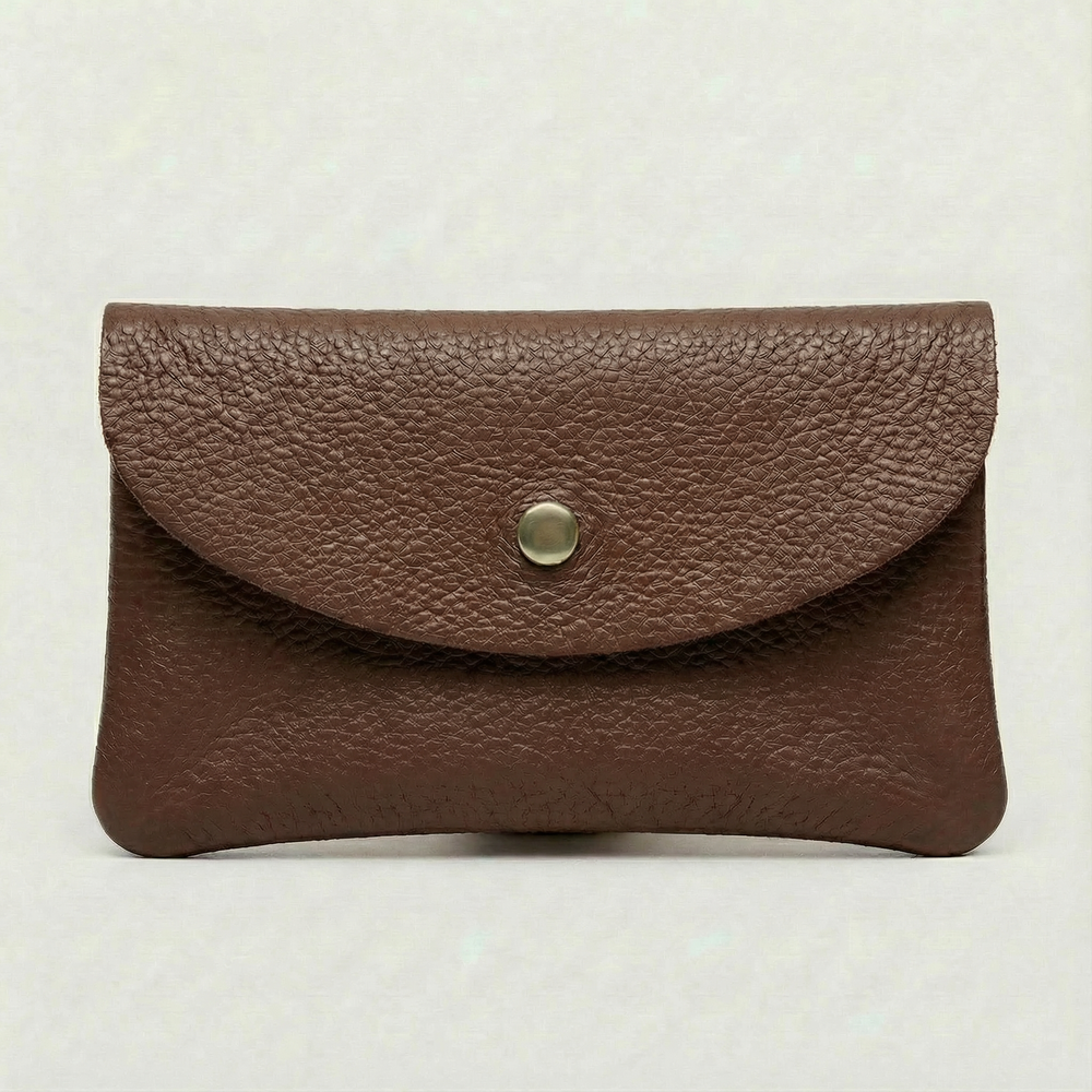 Chocolate pebble leather wallet collection featuring Mini Coin Wallet, Coin Wallet, and Cellphone Wallet in genuine leather, made in Italy.