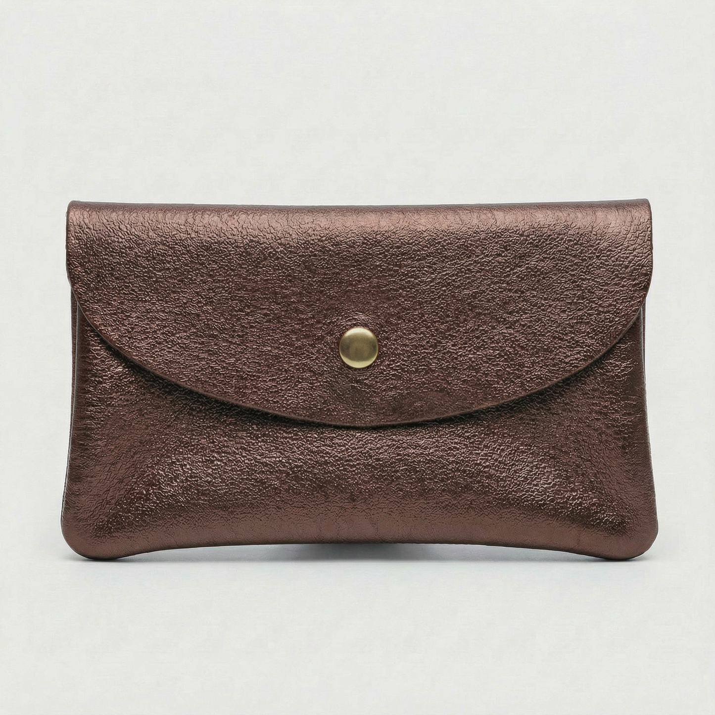 Chocolate metallic leather wallet available in mini coin wallet, coin wallet, and cellphone wallet sizes.