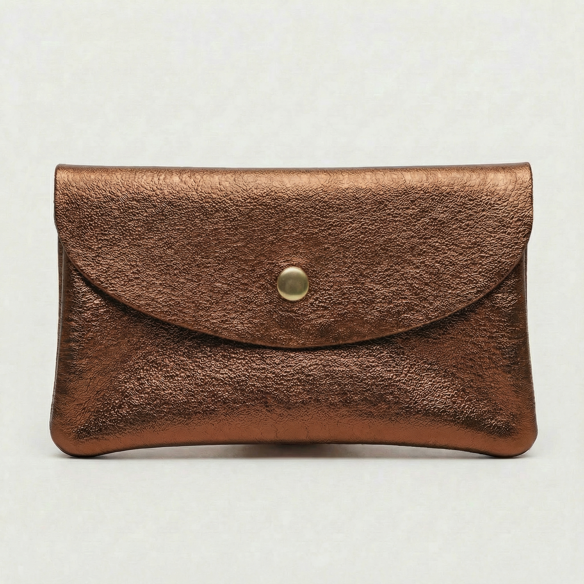 Copper metallic leather wallet available in mini coin wallet, coin wallet, and cellphone wallet sizes.