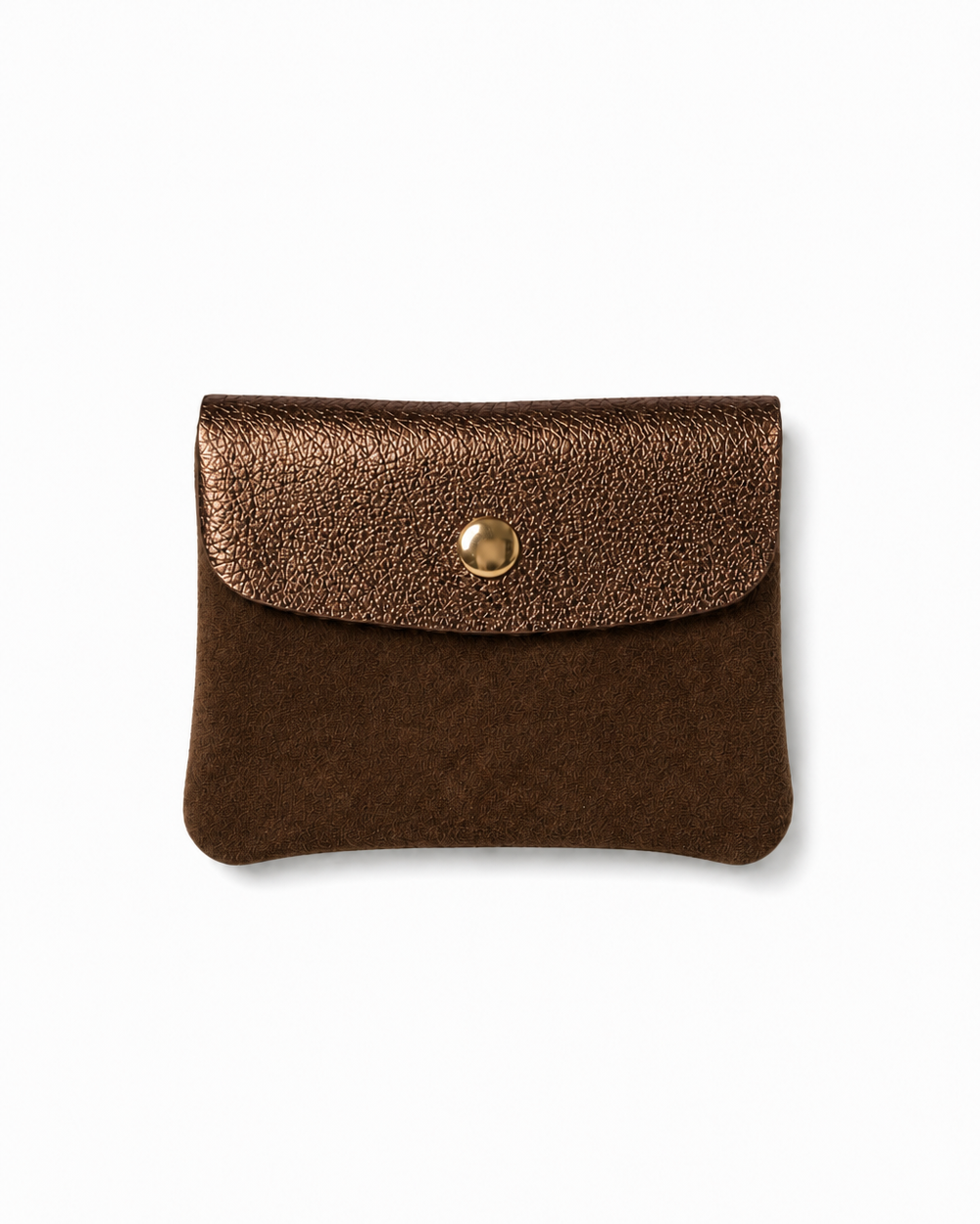 Mini Coin Suede Wallet in Copper Two-Tone with premium leather, soft suede, and a secure snap-button closure.