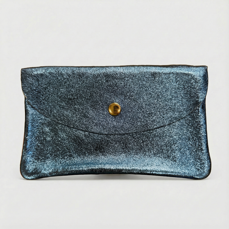 Denim metallic leather wallet available in mini coin wallet, coin wallet, and cellphone wallet sizes.