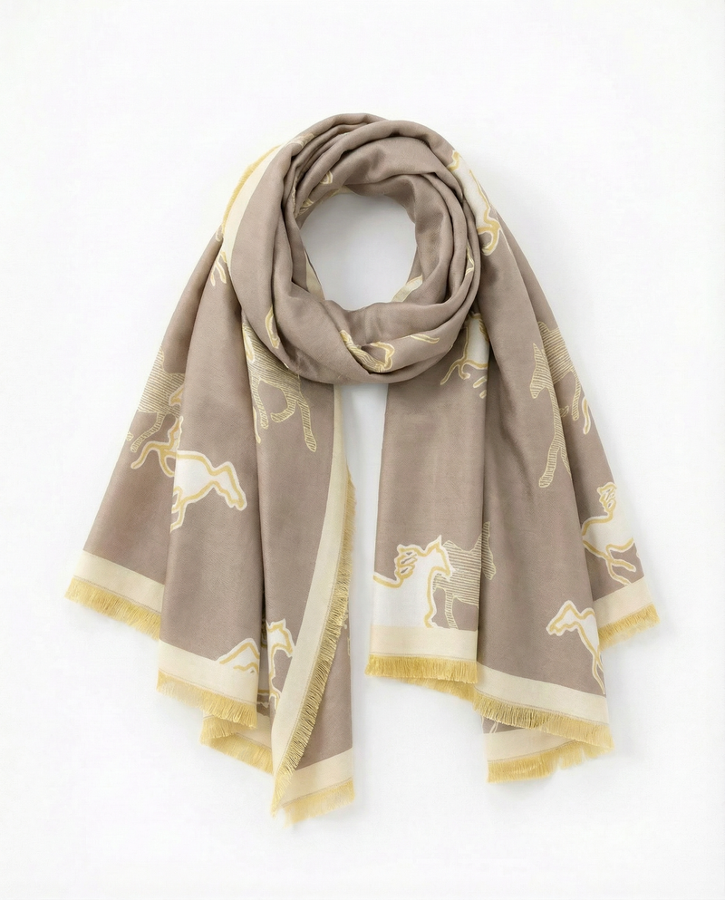 Beige scarf with horse patterns on a white background