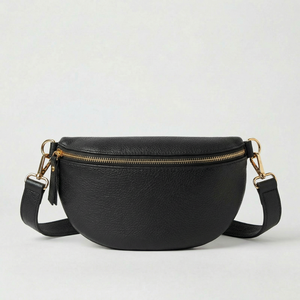 Black pebble leather fanny bag with adjustable strap and compact, hands‑free design.