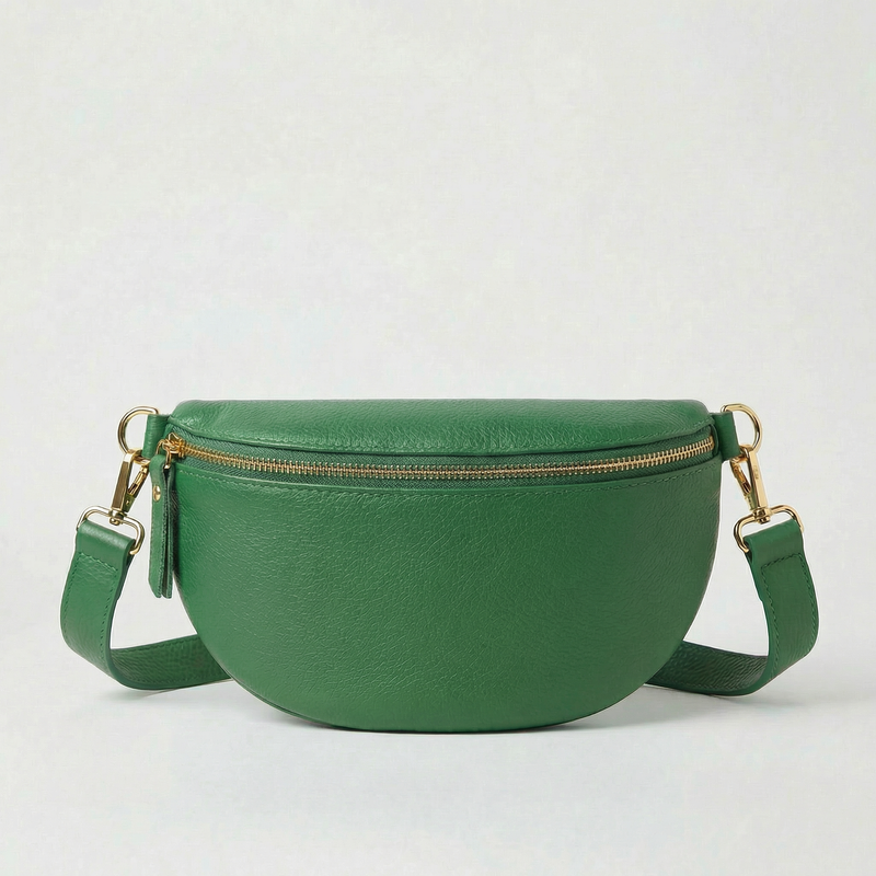 Kelly Green pebble leather fanny bag with adjustable strap and compact, hands‑free design.