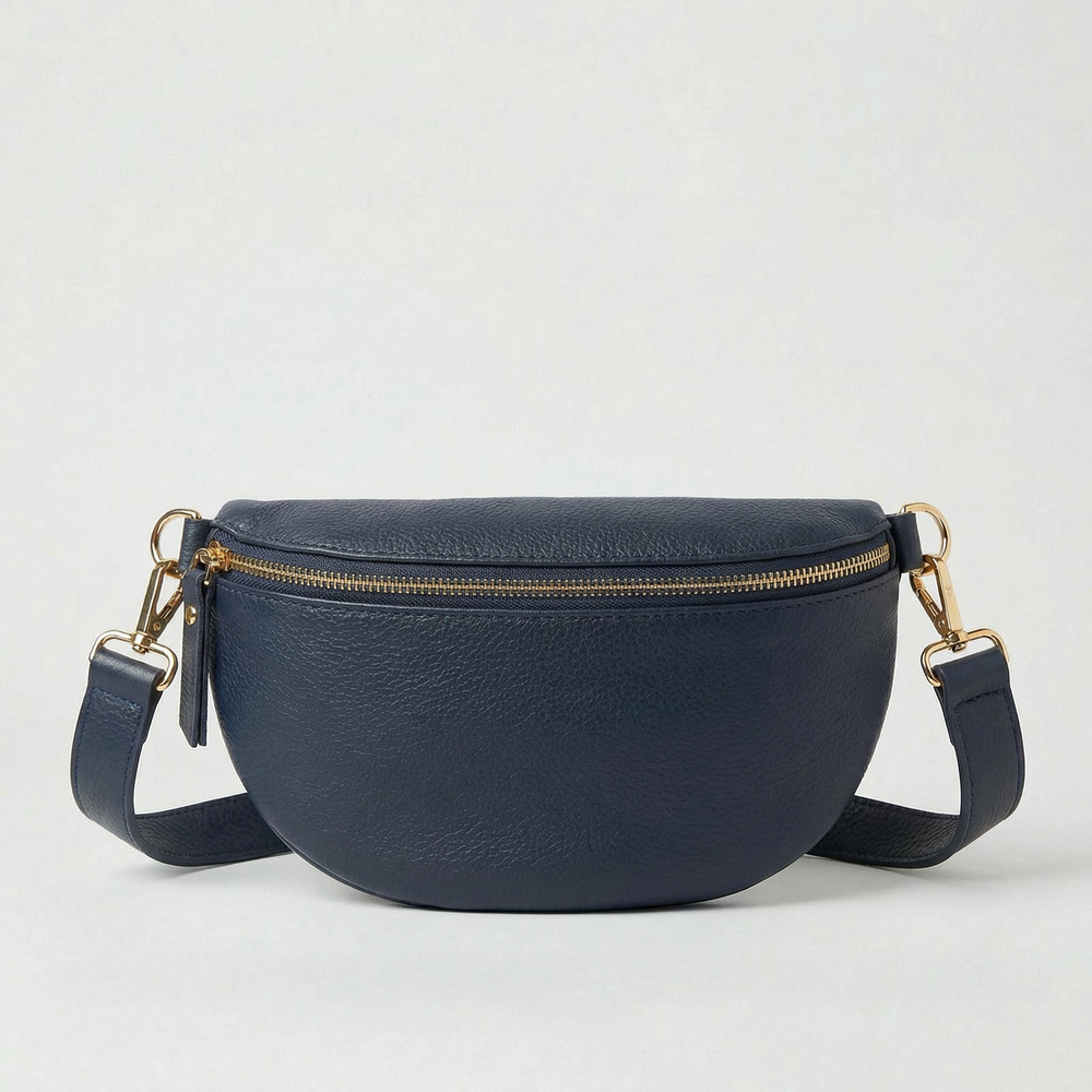 Navy pebble leather fanny bag with adjustable strap and compact, hands‑free design.
