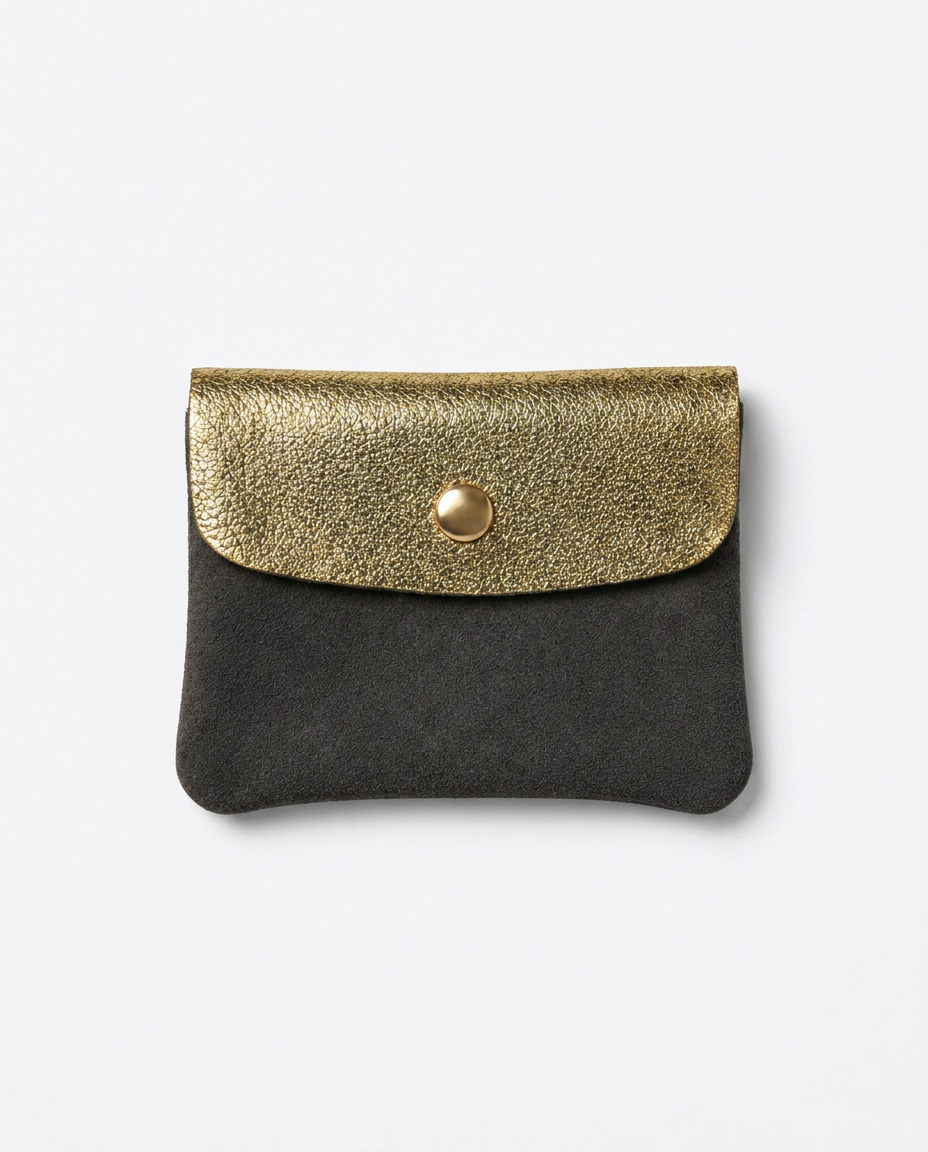 Mini Coin Suede Wallet in Gold Two-Tone with premium leather, soft suede, and a secure snap-button closure.