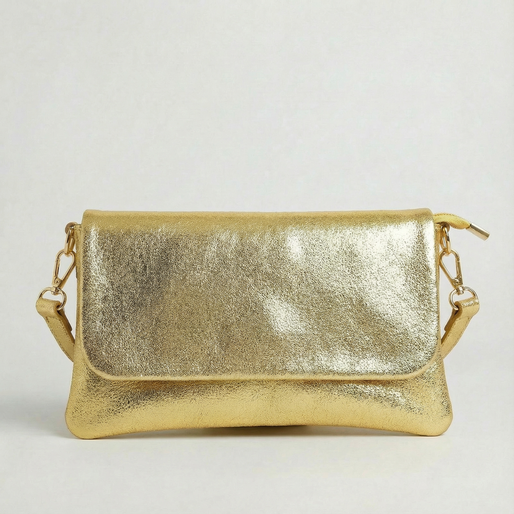 Gold metallic leather crossbody bag with a matching color leather strap, displayed on a light gray background.