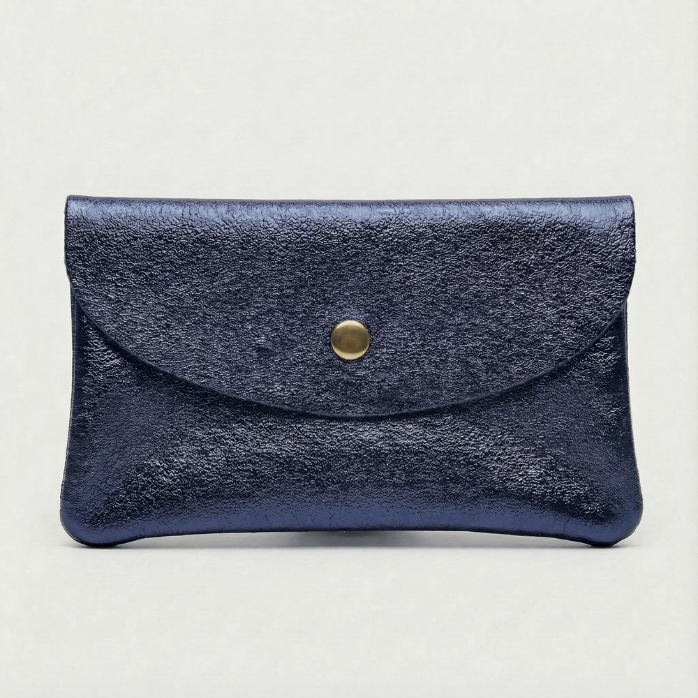 Indigo metallic leather wallet available in mini coin wallet, coin wallet, and cellphone wallet sizes.