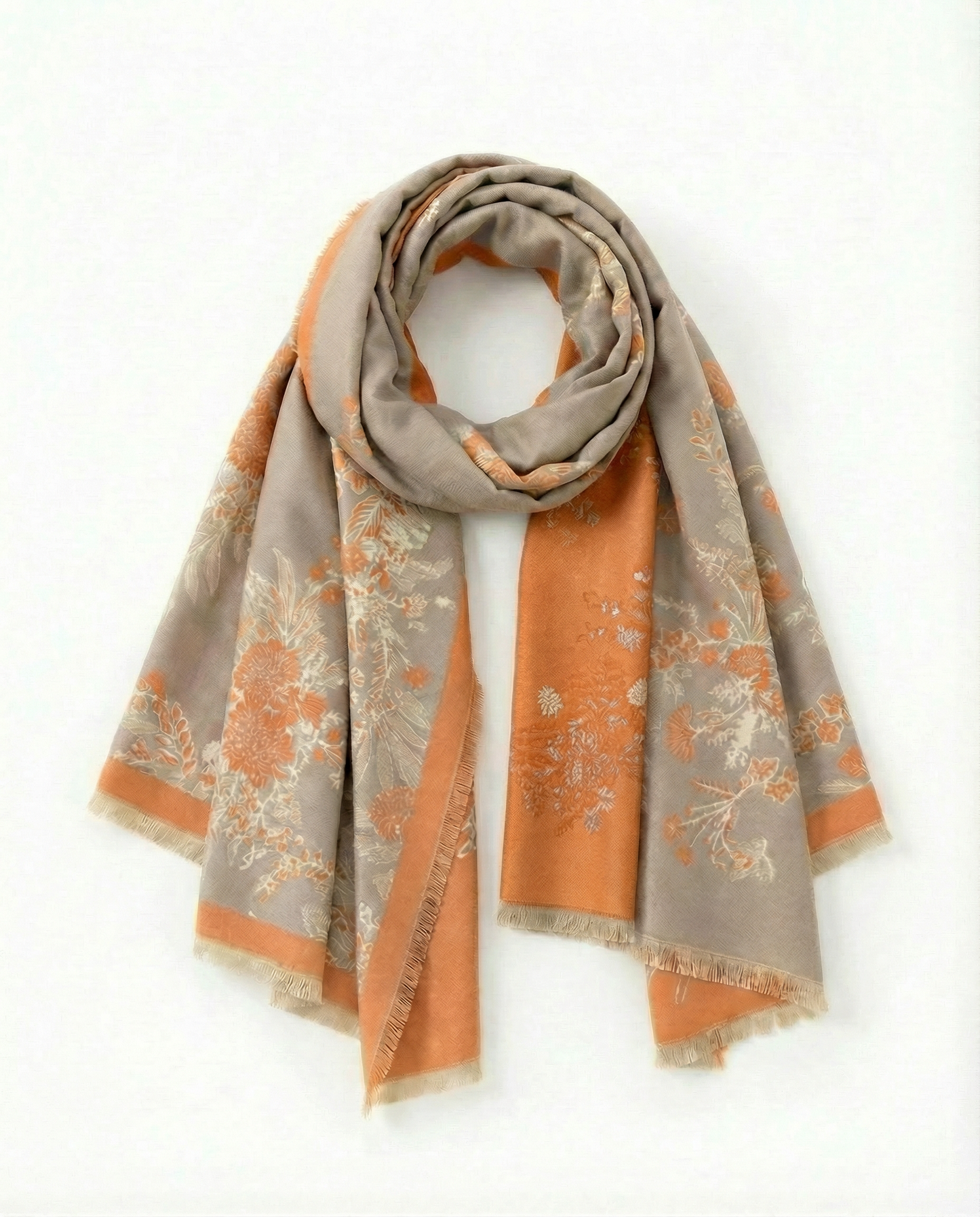 Wrap with orange and beige pattern on a white background