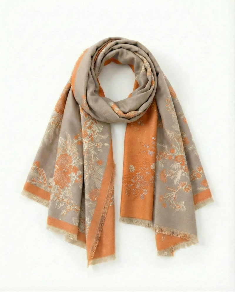 Wrap with orange and beige pattern on a white background