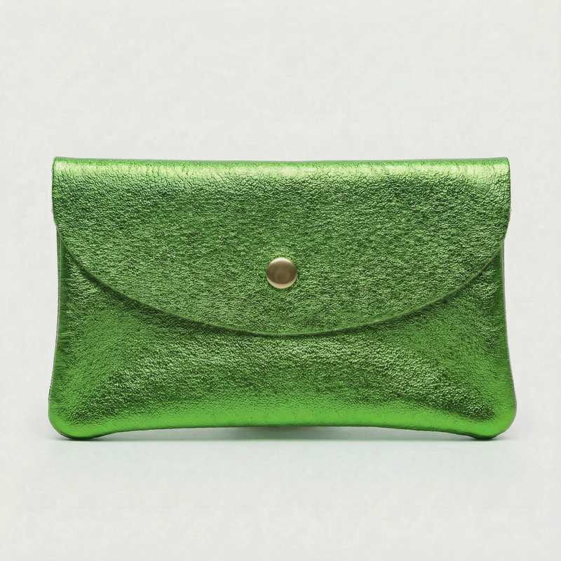 Kelly Green metallic leather wallet available in mini coin wallet, coin wallet, and cellphone wallet sizes.