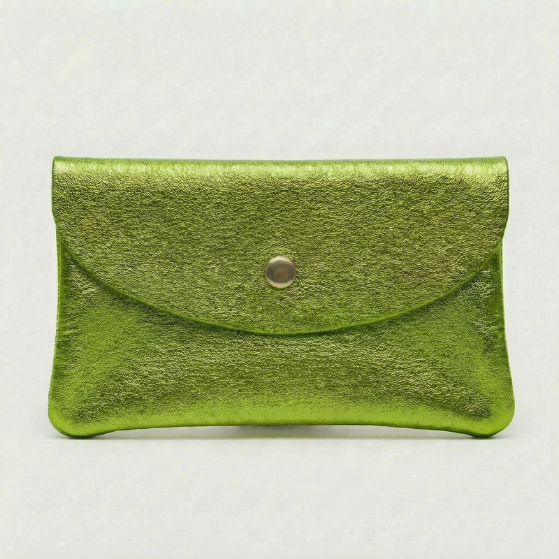 Neon Green metallic leather wallet available in mini coin wallet, coin wallet, and cellphone wallet sizes.