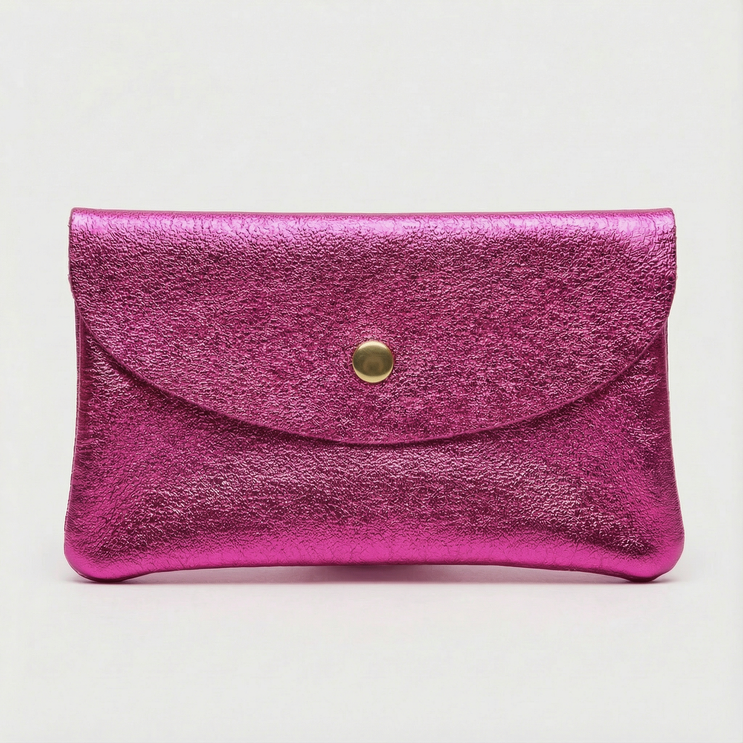 Magenta metallic cellphone wallet with a gold button on a light gray background