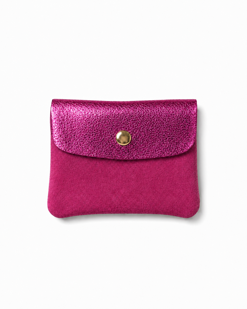 Mini Coin Suede Wallet in Magenta Two-Tone with premium leather, soft suede, and a secure snap-button closure.
