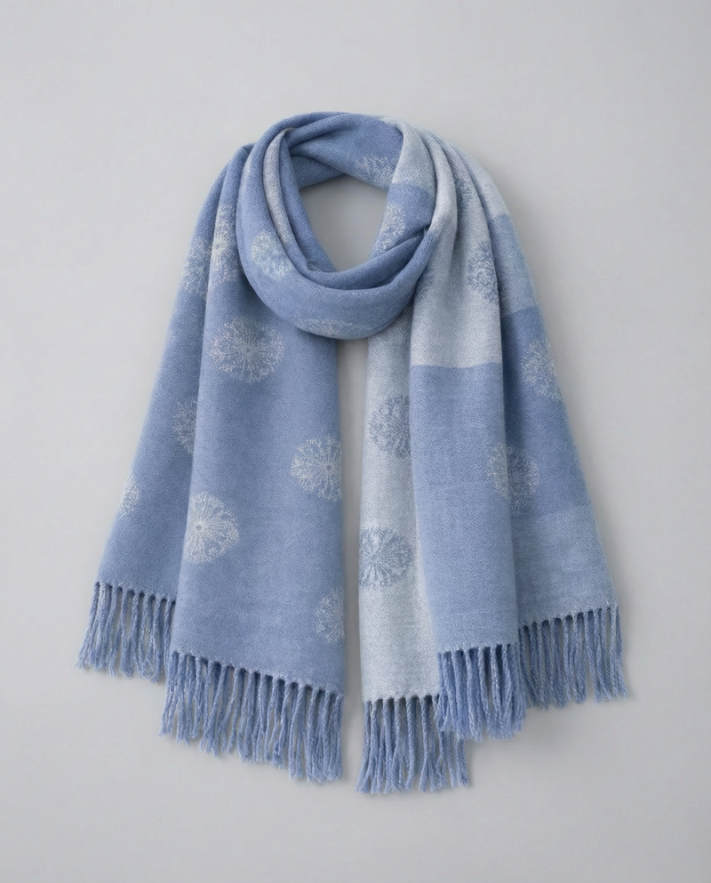 Blue wrap with white floral patterns on a light gray background