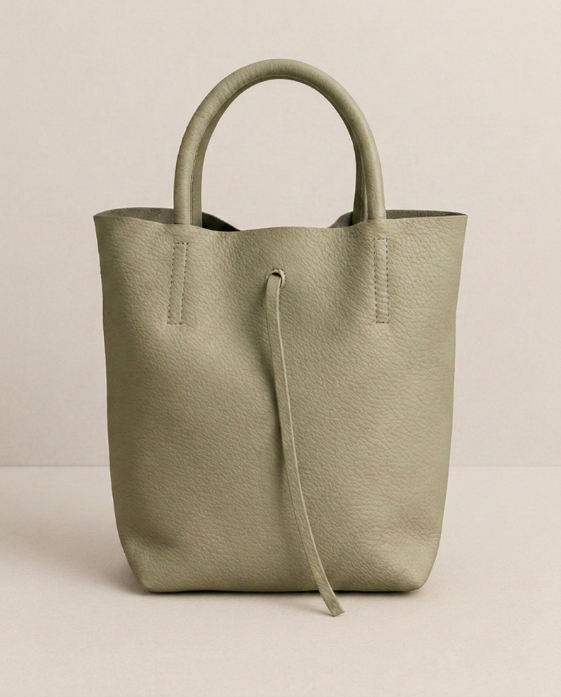 Olive pebble leather mini tote with structured silhouette, detachable crossbody strap, compact interior, and genuine Italian craftsmanship.