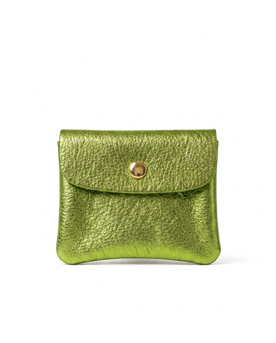 Mini coin wallet in neon green metallic leather with snap closure, compact Italian‑made design for coins and small essentials