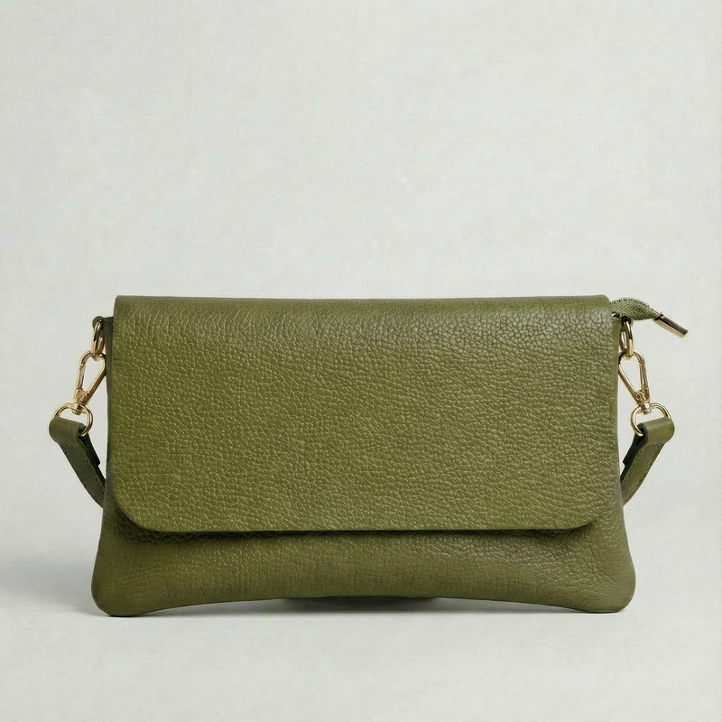 Olive pebble leather crossbody bag with a matching color adjustable strap, displayed on a light gray background.