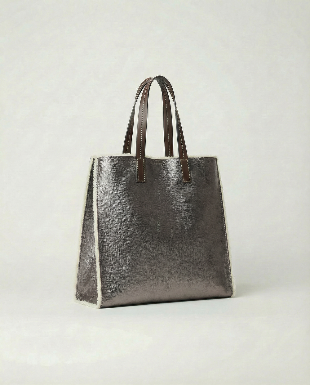 Metallic pewter leather Paris tote bag available in Paris Tote and Mini Paris Tote sizes.