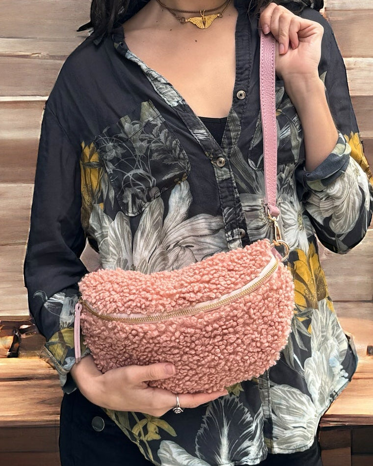 Fanny Bag - Teddy soft fabric and Leather - Coral