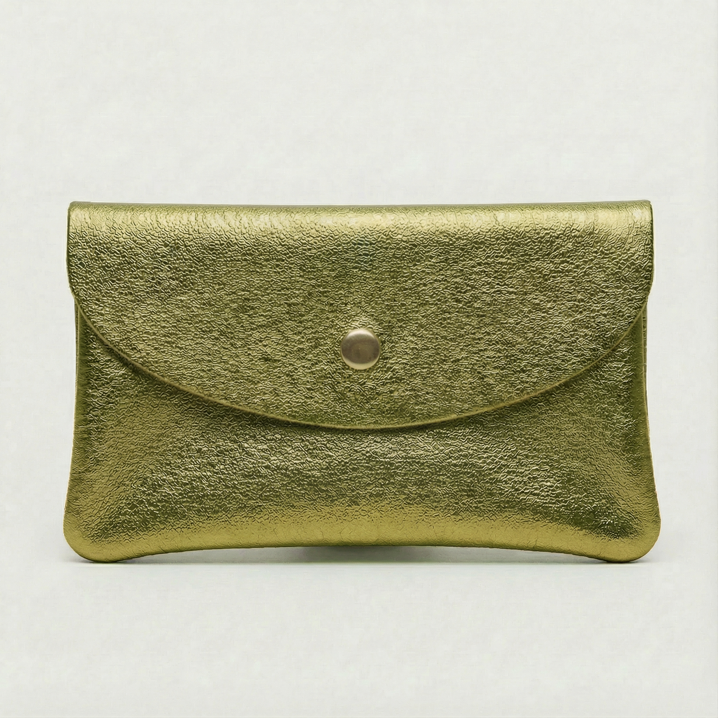 Mini coin wallet in pistachio metallic leather with snap closure, compact Italian‑made design for coins and small essentials