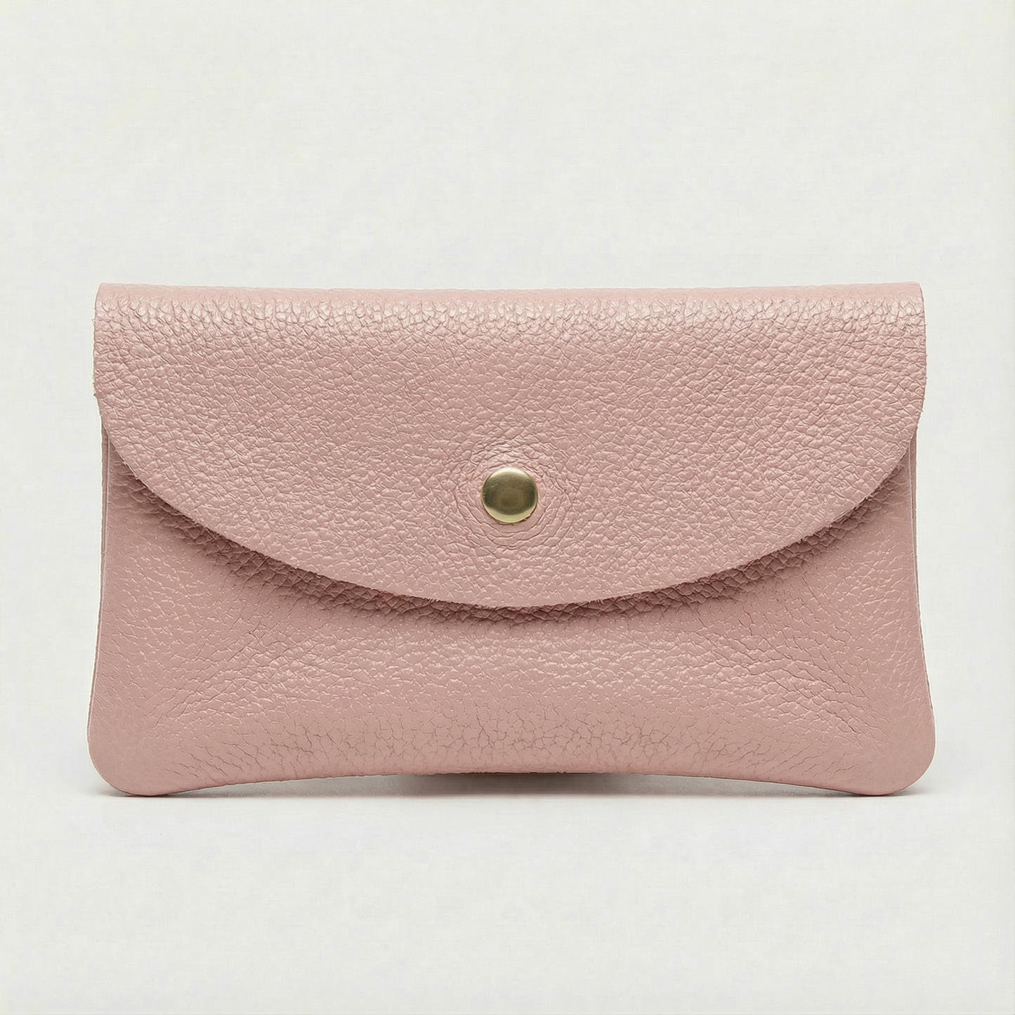 Dusty Pink pebble leather wallet collection featuring Mini Coin Wallet, Coin Wallet, and Cellphone Wallet in genuine leather, made in Italy.