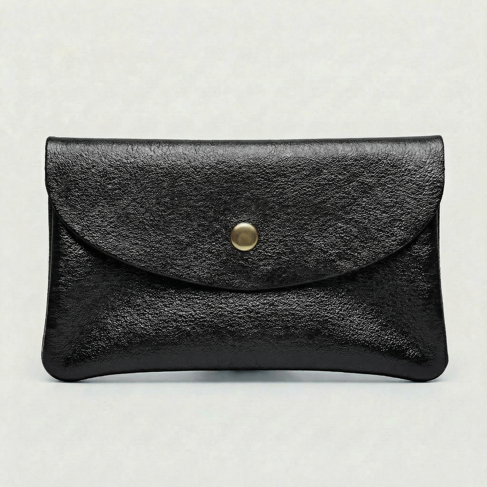 Black metallic leather wallet available in mini coin wallet, coin wallet, and cellphone wallet sizes.