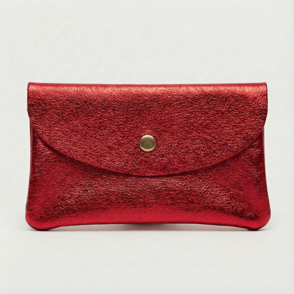 Red metallic leather wallet available in mini coin wallet, coin wallet, and cellphone wallet sizes.