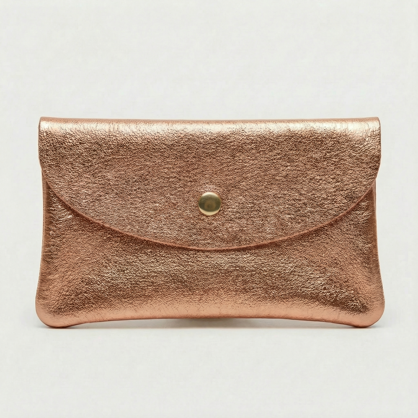 Rose Gold metallic leather coin wallet with textured finish, snap closure, compact Italian‑made design, stylish everyday accessory