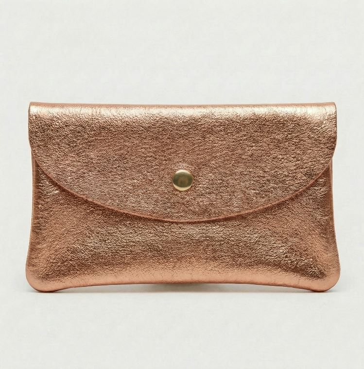 Rose Gold metallic leather wallet available in mini coin wallet, coin wallet, and cellphone wallet sizes.