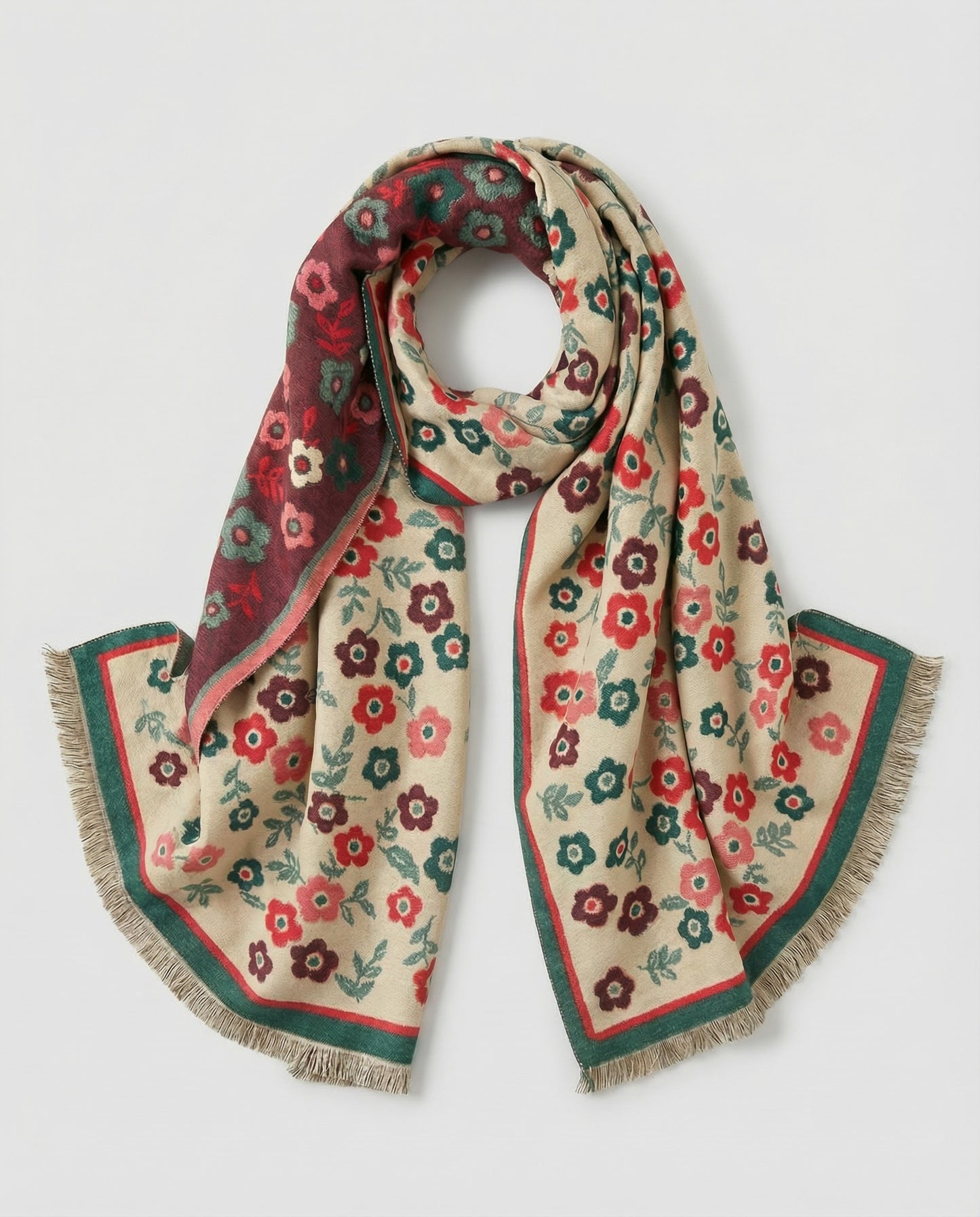 Beige wrap with red and green floral patterned on a white background