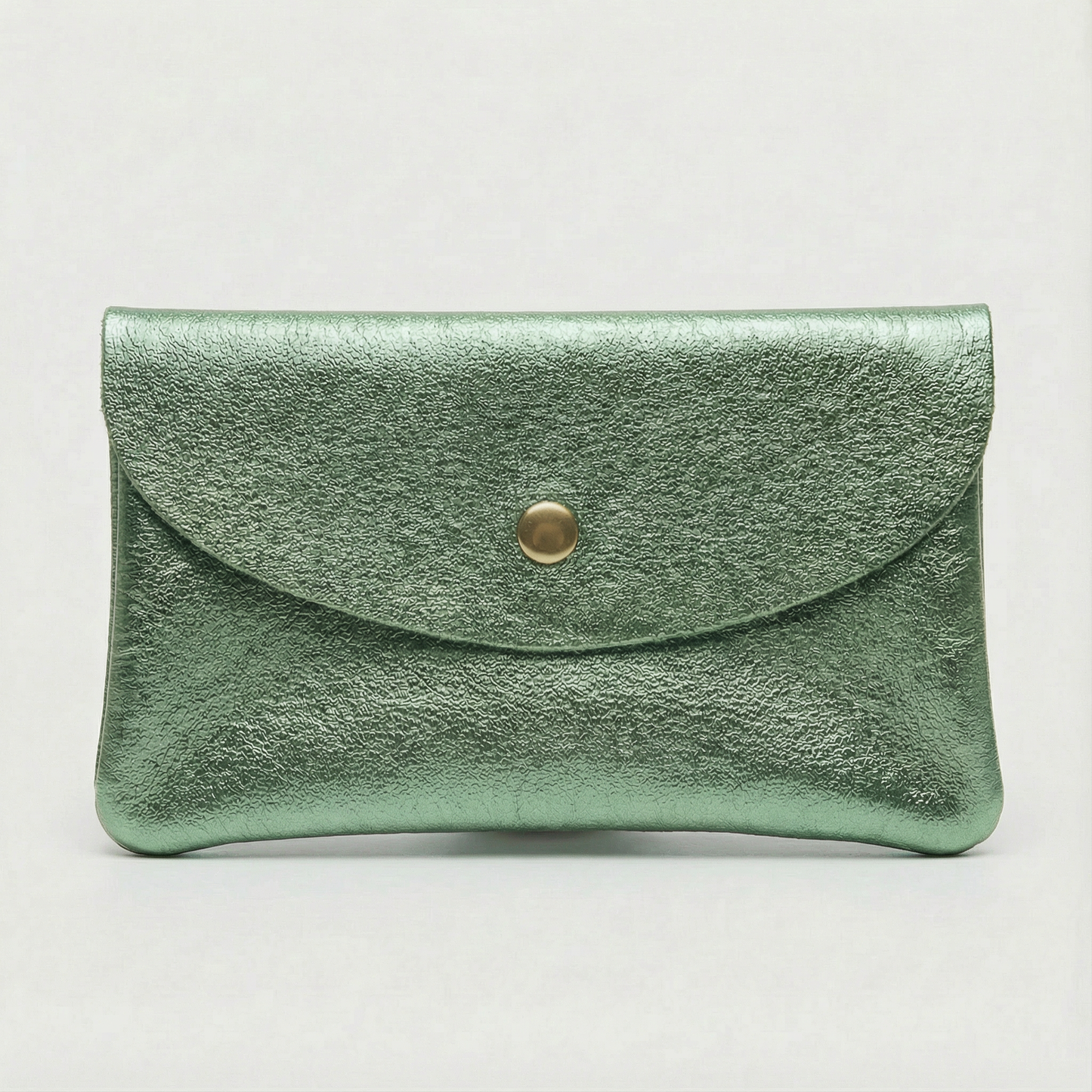 Spruce metallic leather coin wallet with textured finish, snap closure, compact Italian‑made design, stylish everyday accessory