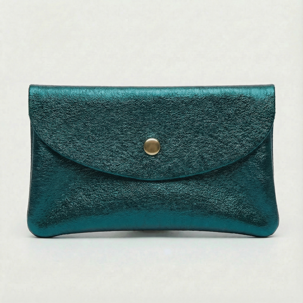 Teal metallic leather wallet available in mini coin wallet, coin wallet, and cellphone wallet sizes.