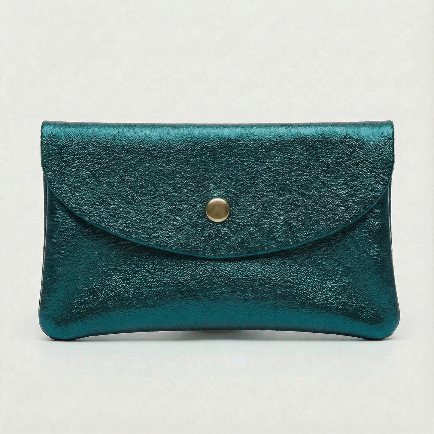 Teal metallic leather coin wallet with textured finish, snap closure, compact Italian‑made design, stylish everyday accessory