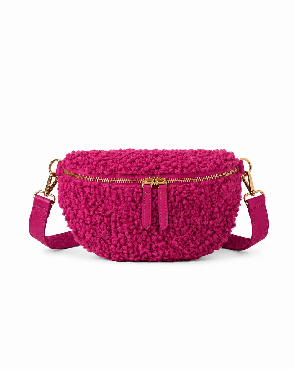Stylish magenta teddy fabric and leather fanny bag with an adjustable strap.