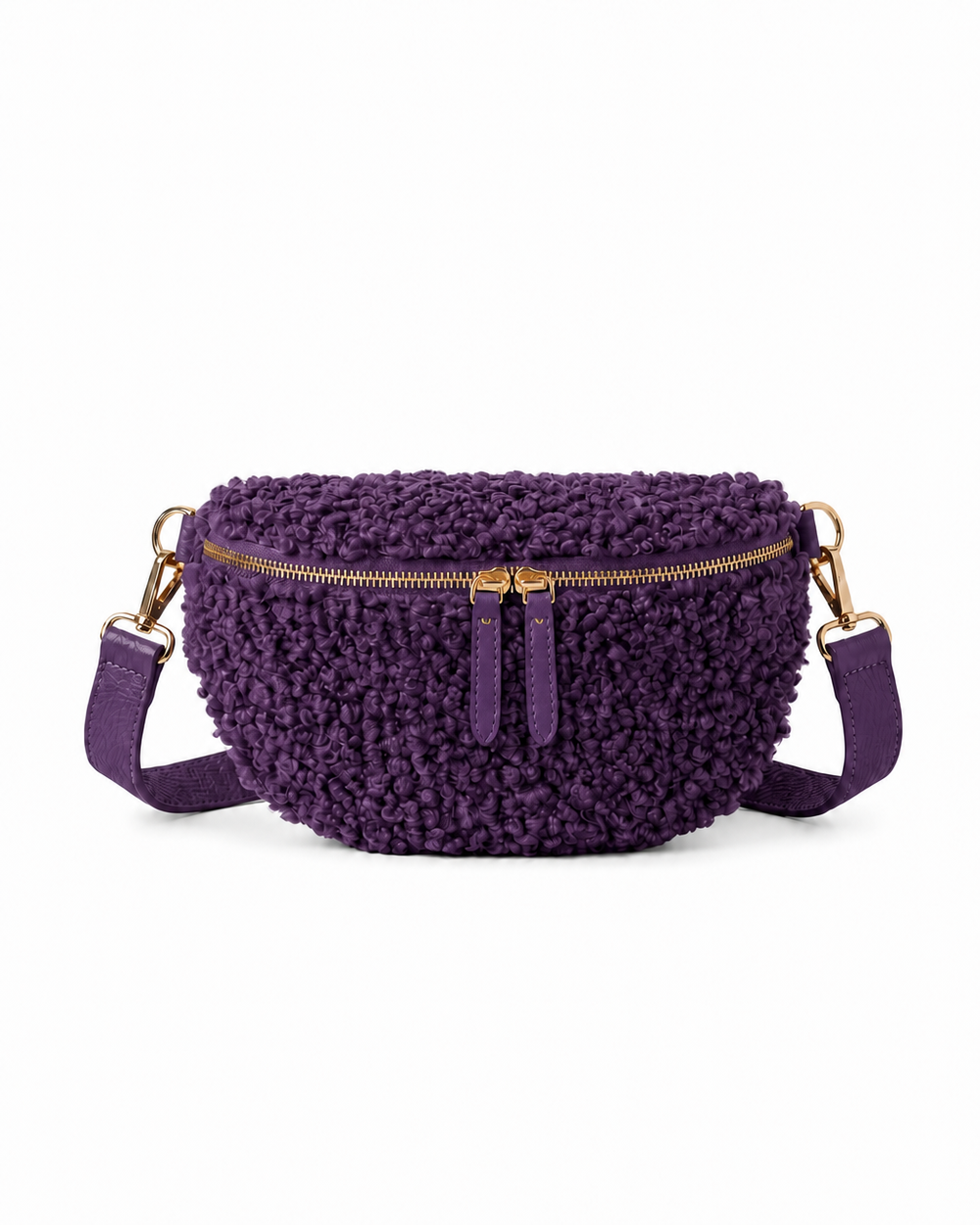 Stylish purple teddy fabric and leather fanny bag with an adjustable strap.