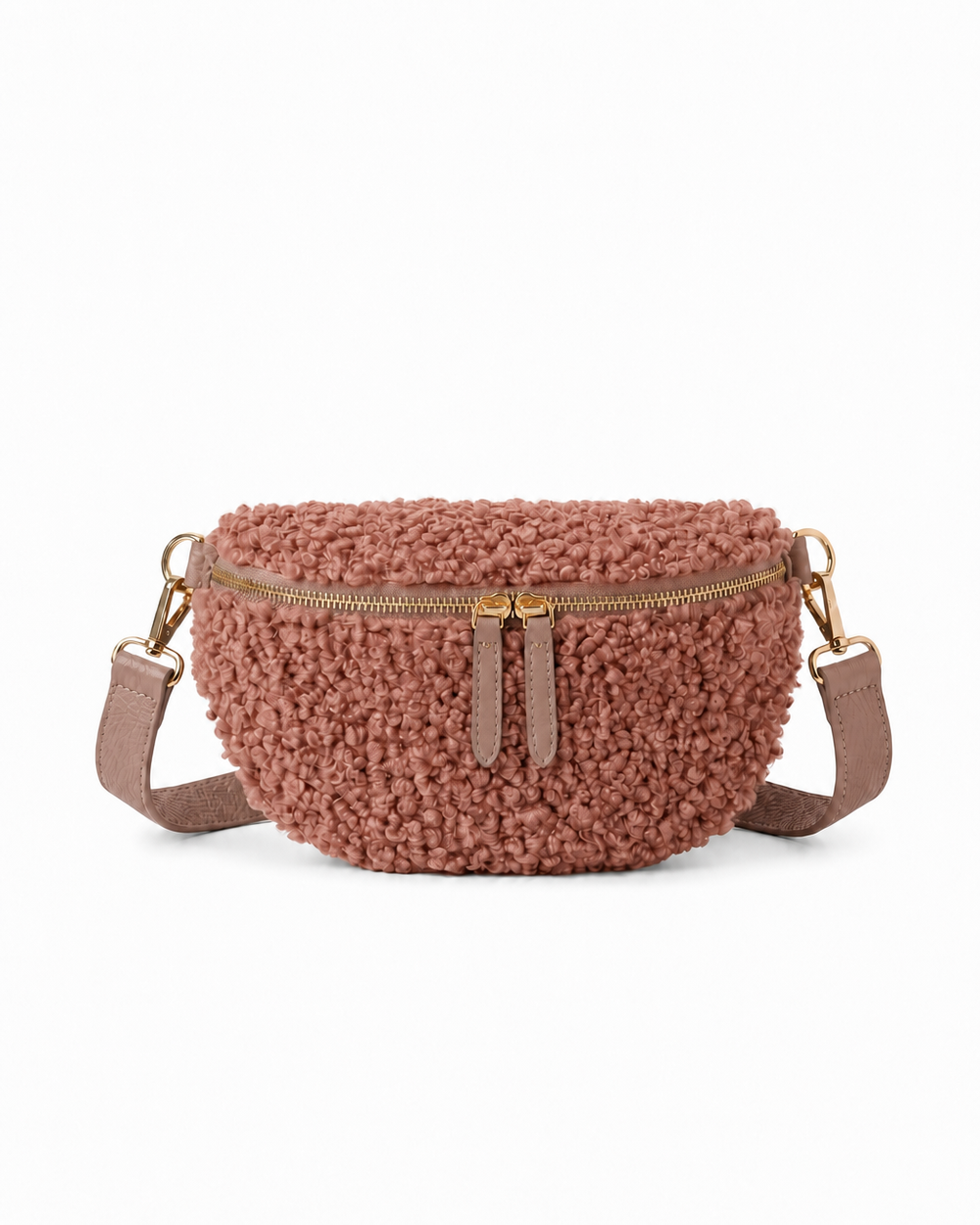 Stylish coral teddy fabric and leather fanny bag with an adjustable strap.