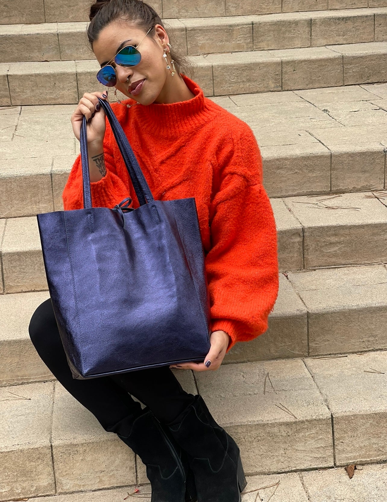 Tote Bag - Metalic Leather - Indigo.