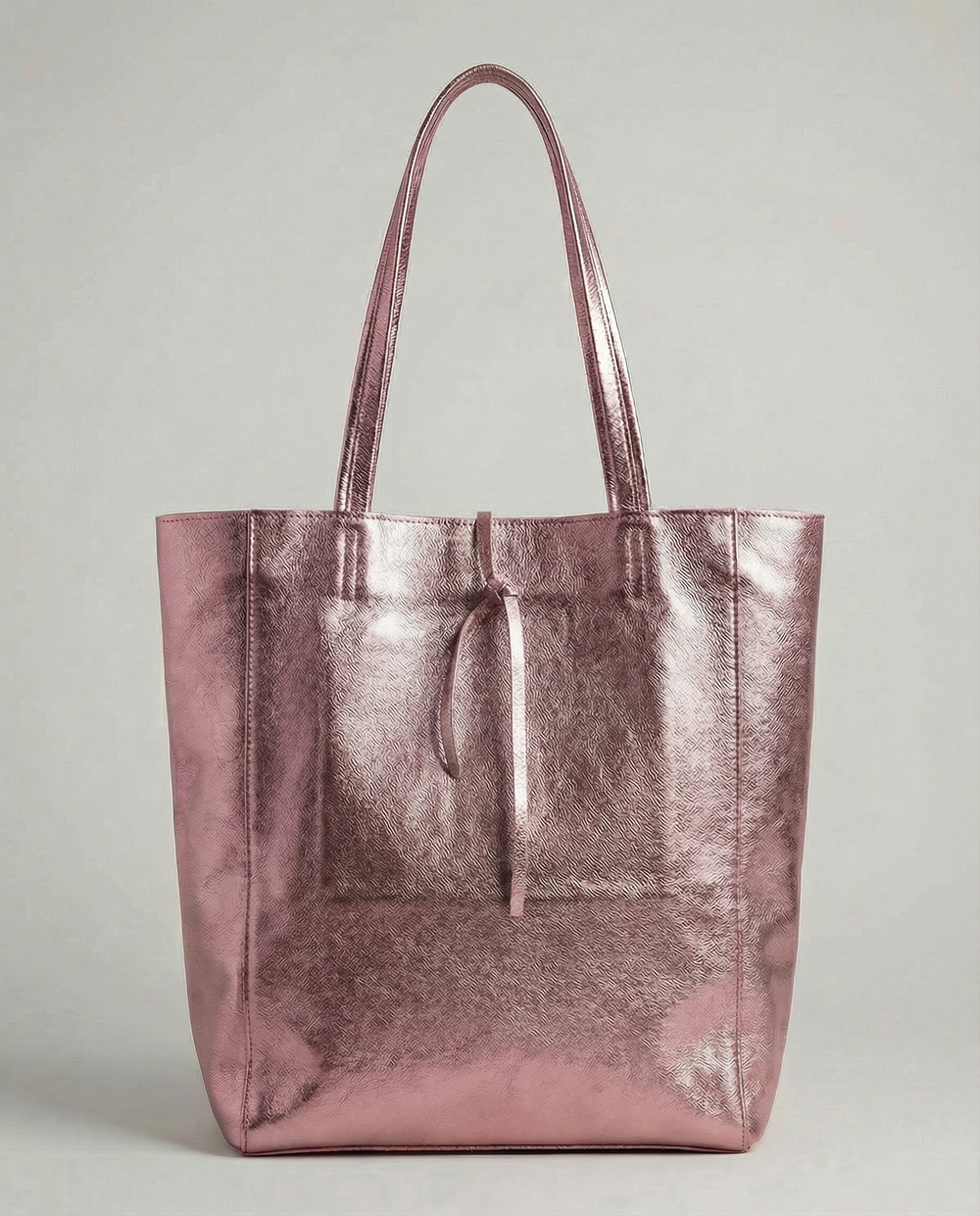 Barbie pink metallic leather tote bag available in Tote Bag and Mini Tote sizes.