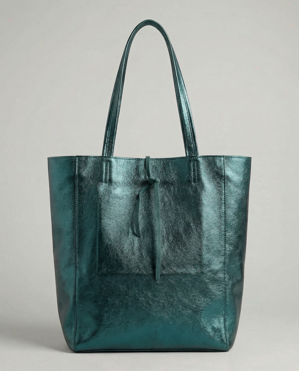 Teal metallic leather tote bag available in Tote Bag and Mini Tote sizes.